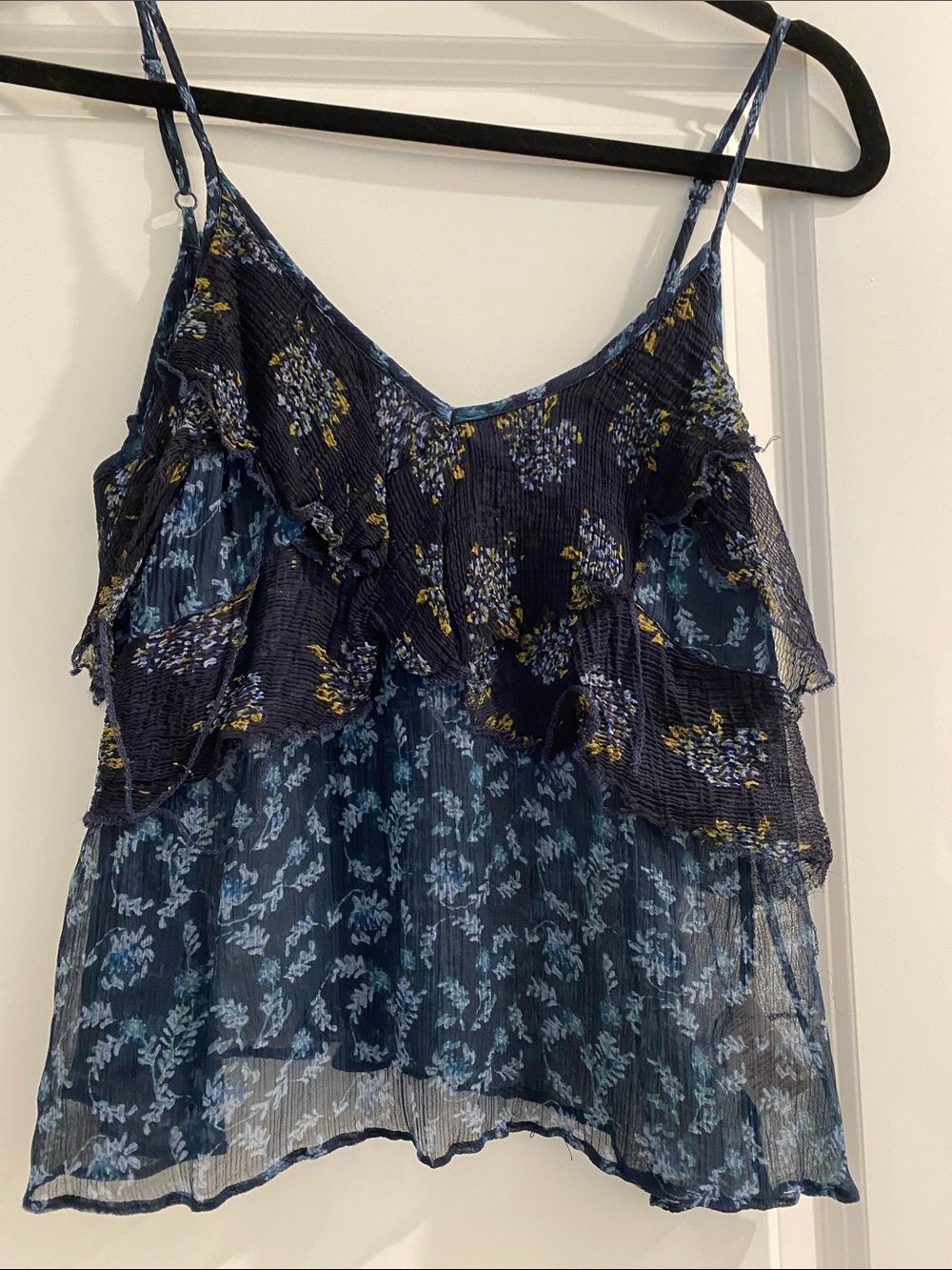 Free People Navy & Yellow Floral Ruffle Cami